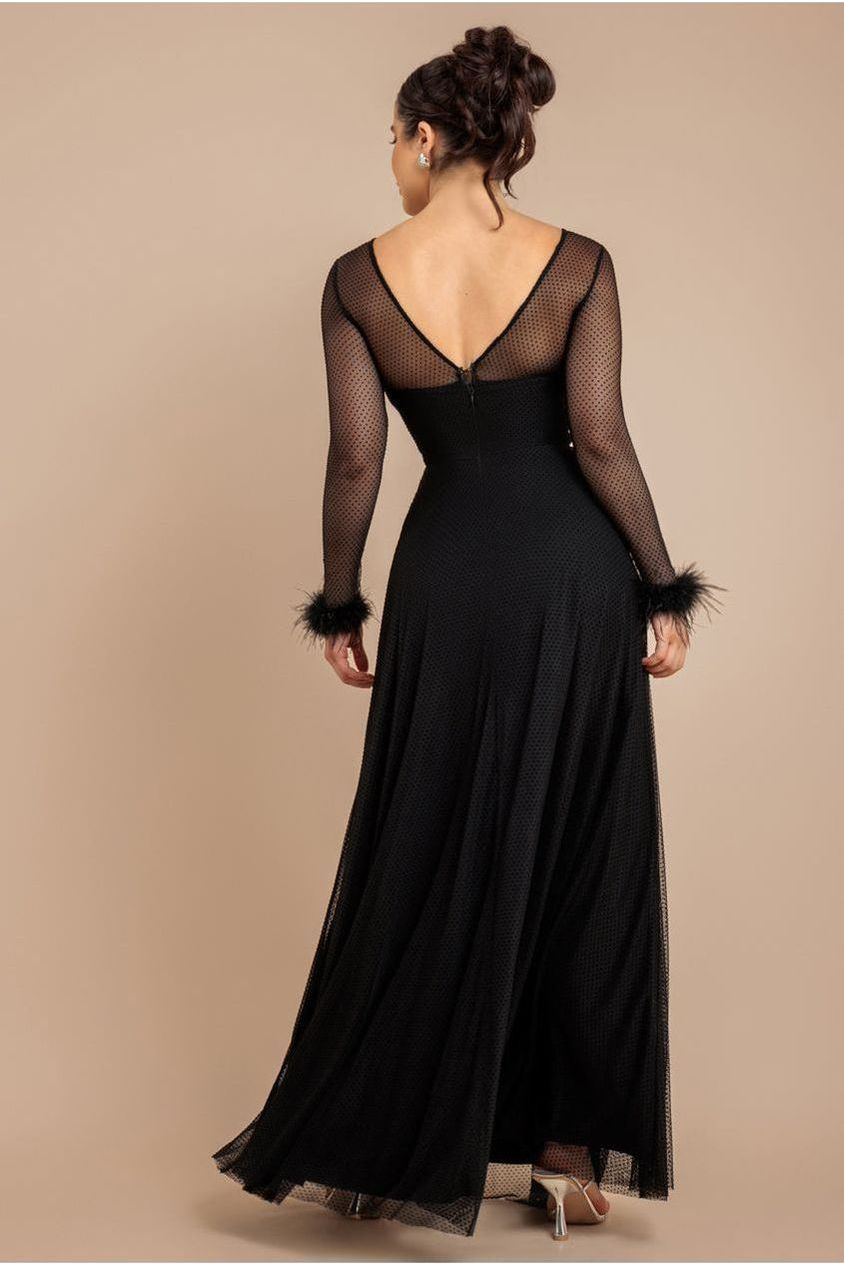 Dobby Mesh Feather Sleeve Hem Maxi Dress - Black by Goddiva