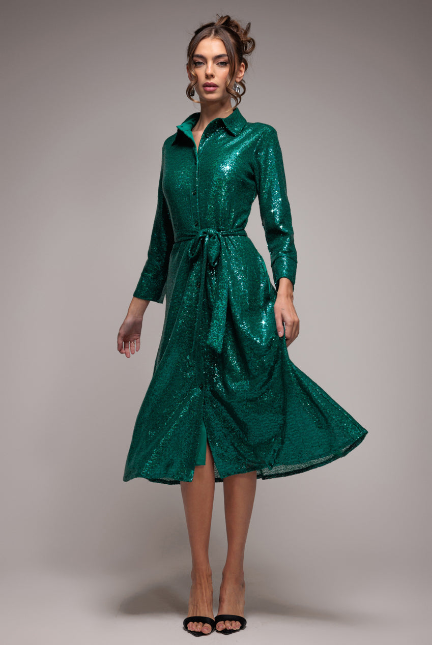 Sequin Skater Shirt Dress - Emerald Green by Goddiva