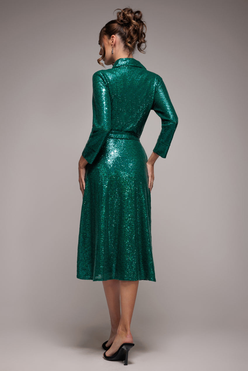 Sequin Skater Shirt Dress - Emerald Green by Goddiva