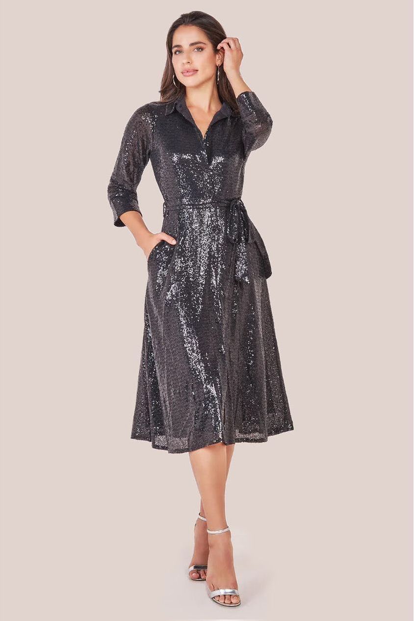 Sequin Skater Shirt Dress - Black by Goddiva