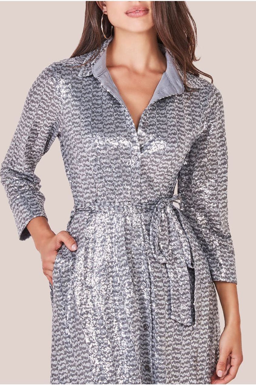 Sequin Skater Shirt Dress - Silver by Goddiva