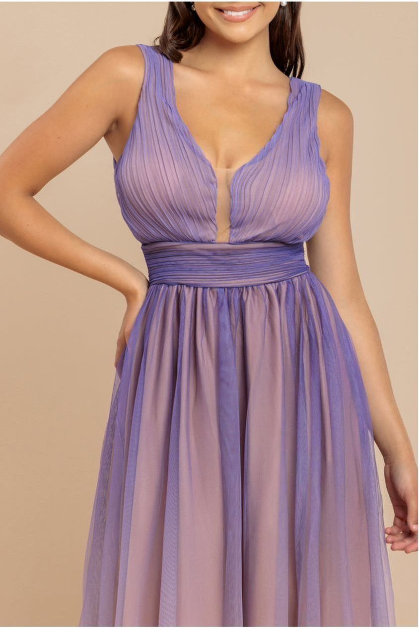 Sleeveless Ombre Pleated A-Line Maxi Dress - Lilac Ombre by Goddiva