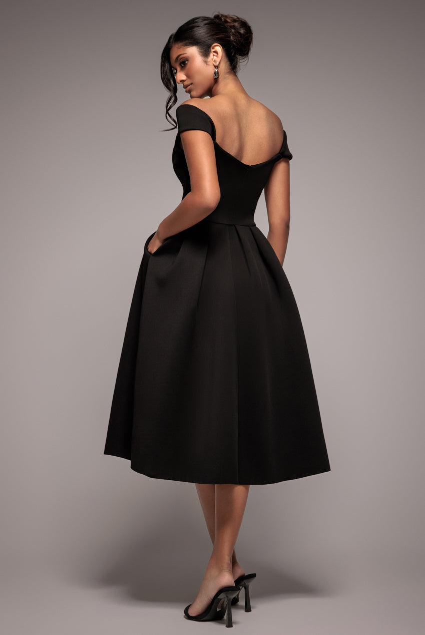Scuba Foam Skater Midi Dress - Black by Goddiva