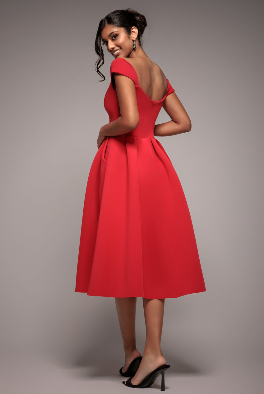 Scuba Foam Skater Midi Dress - Red by Goddiva