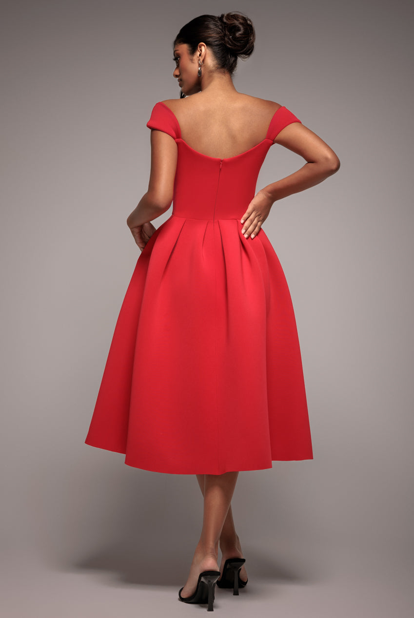 Scuba Foam Skater Midi Dress - Red by Goddiva