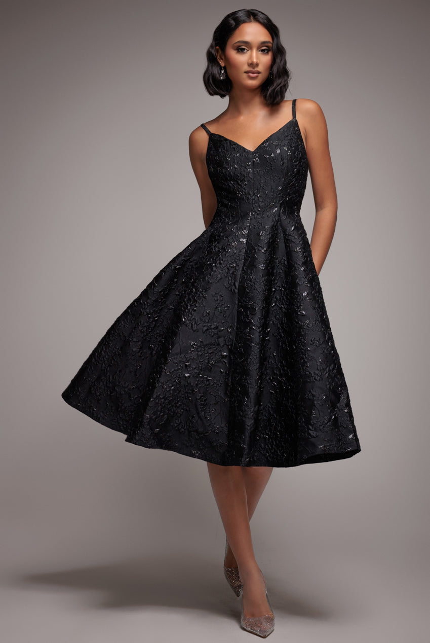 Jacquard Sleeveless A-line Midi Dress - Black by Goddiva
