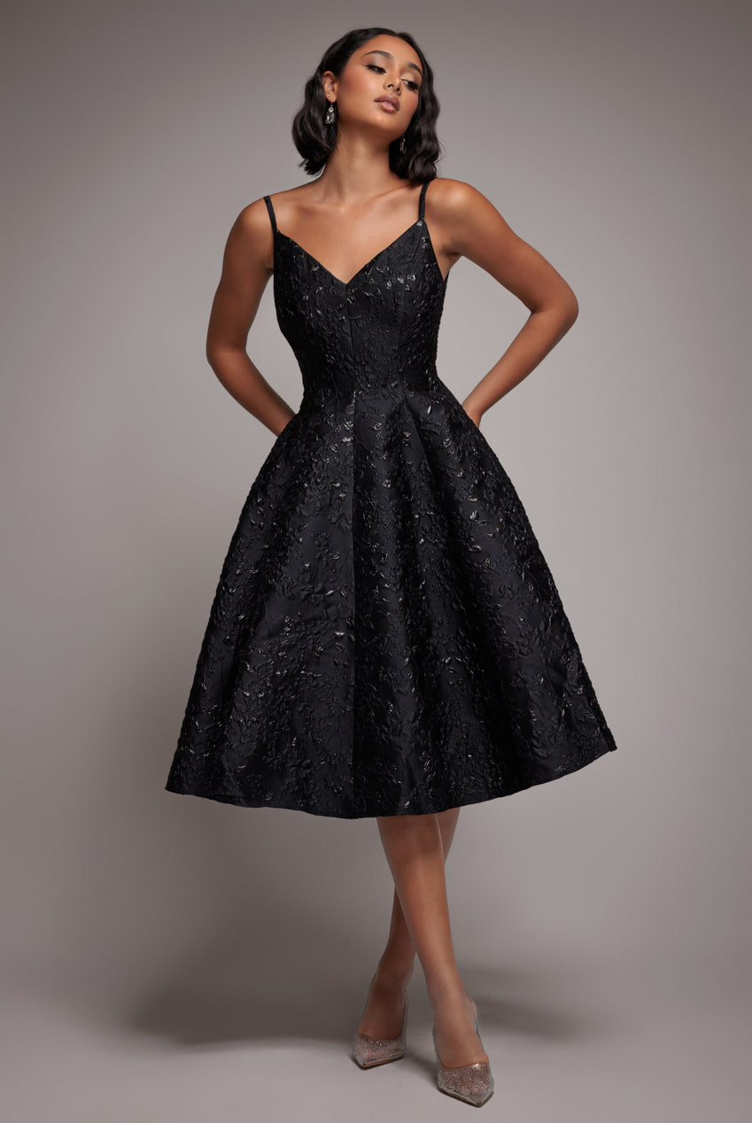 Jacquard Sleeveless A-line Midi Dress - Black by Goddiva