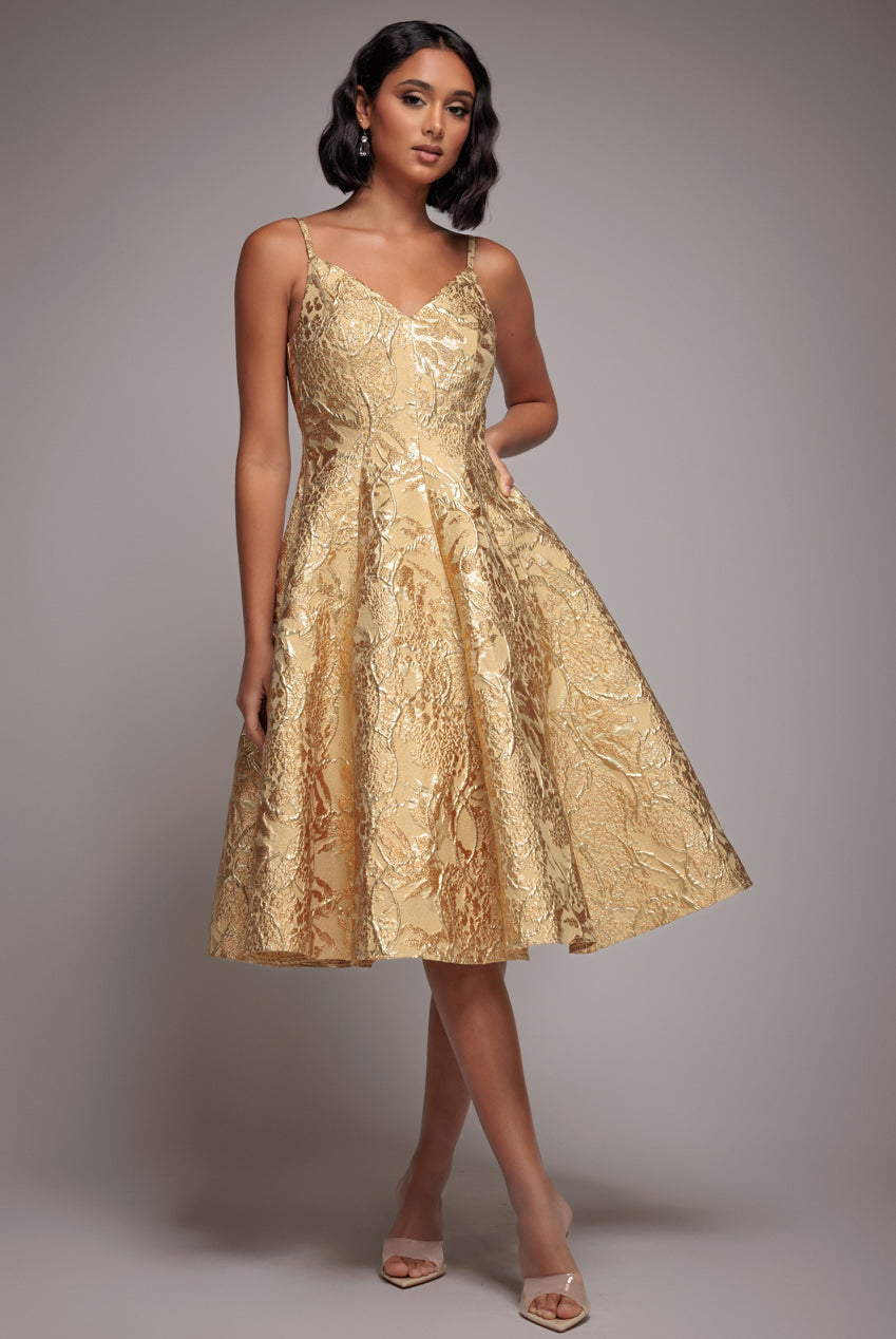 Jacquard Sleeveless A-line Midi Dress - Gold by Goddiva