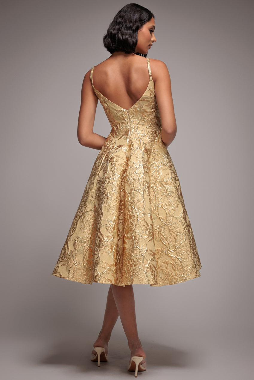 Jacquard Sleeveless A-line Midi Dress - Gold by Goddiva