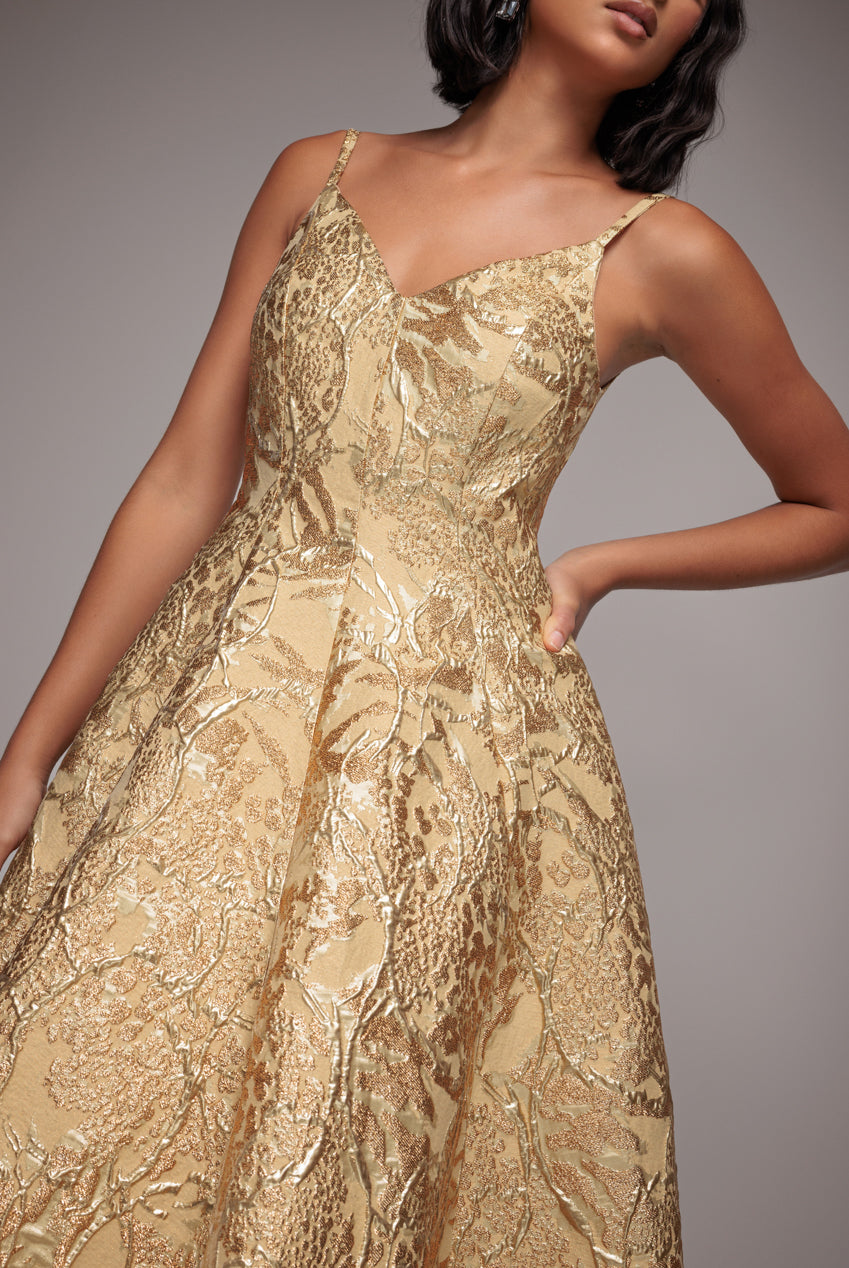 Jacquard Sleeveless A-line Midi Dress - Gold by Goddiva