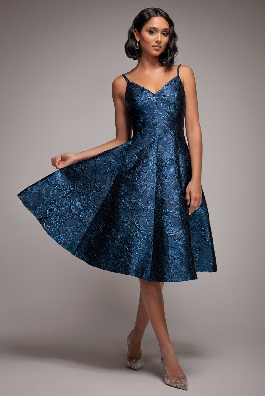 Jacquard Sleeveless A-line Midi Dress - Navy Blue by Goddiva