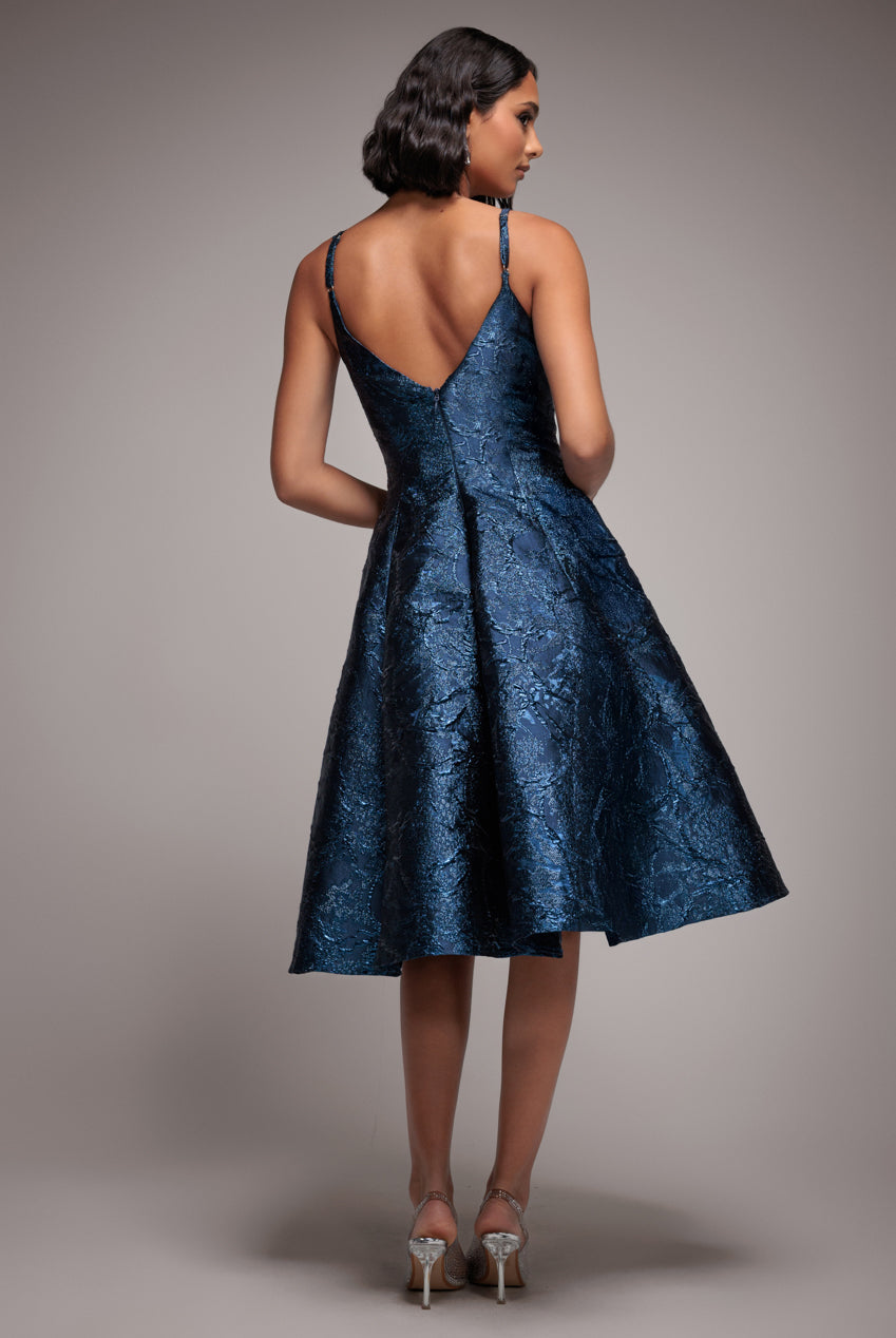Jacquard Sleeveless A-line Midi Dress - Navy Blue by Goddiva
