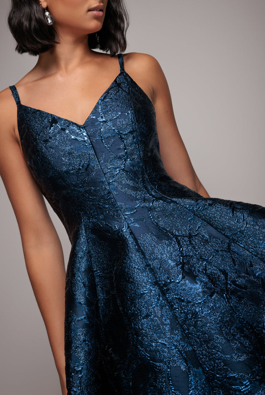 Jacquard Sleeveless A-line Midi Dress - Navy Blue by Goddiva