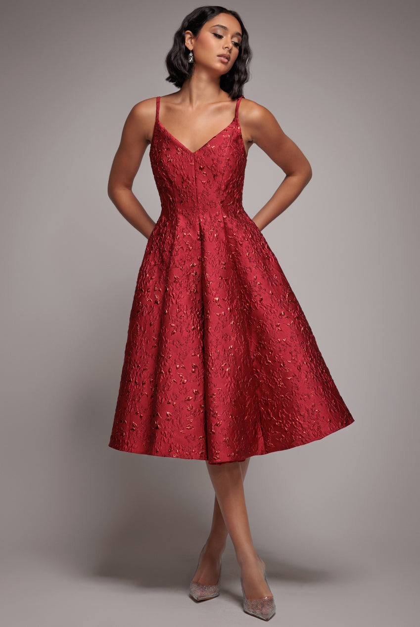 Jacquard Sleeveless A-line Midi Dress - Red by Goddiva