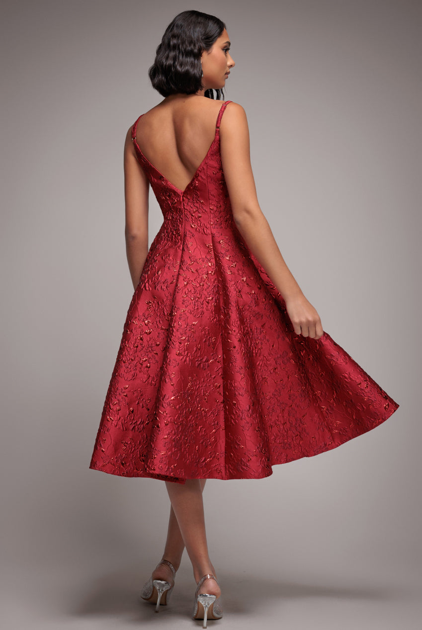 Jacquard Sleeveless A-line Midi Dress - Red by Goddiva