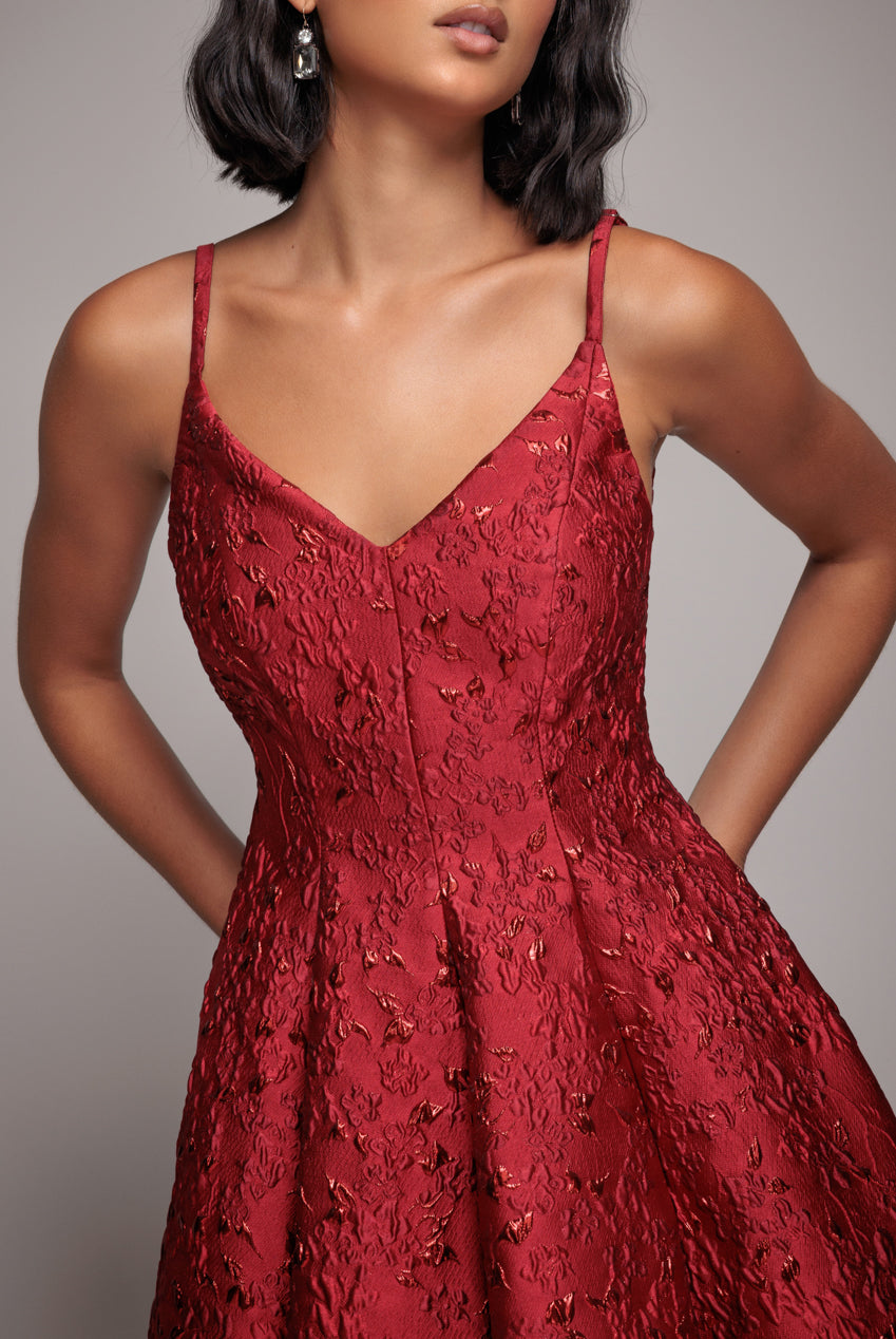 Jacquard Sleeveless A-line Midi Dress - Red by Goddiva