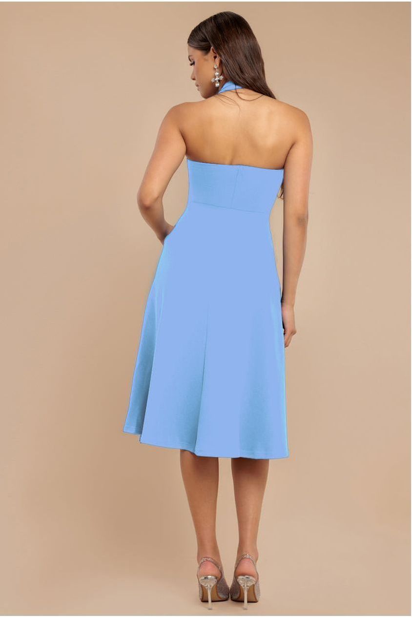 Frilled Halter Neck Strap Midi Dress - Cornflower Blue by Goddiva