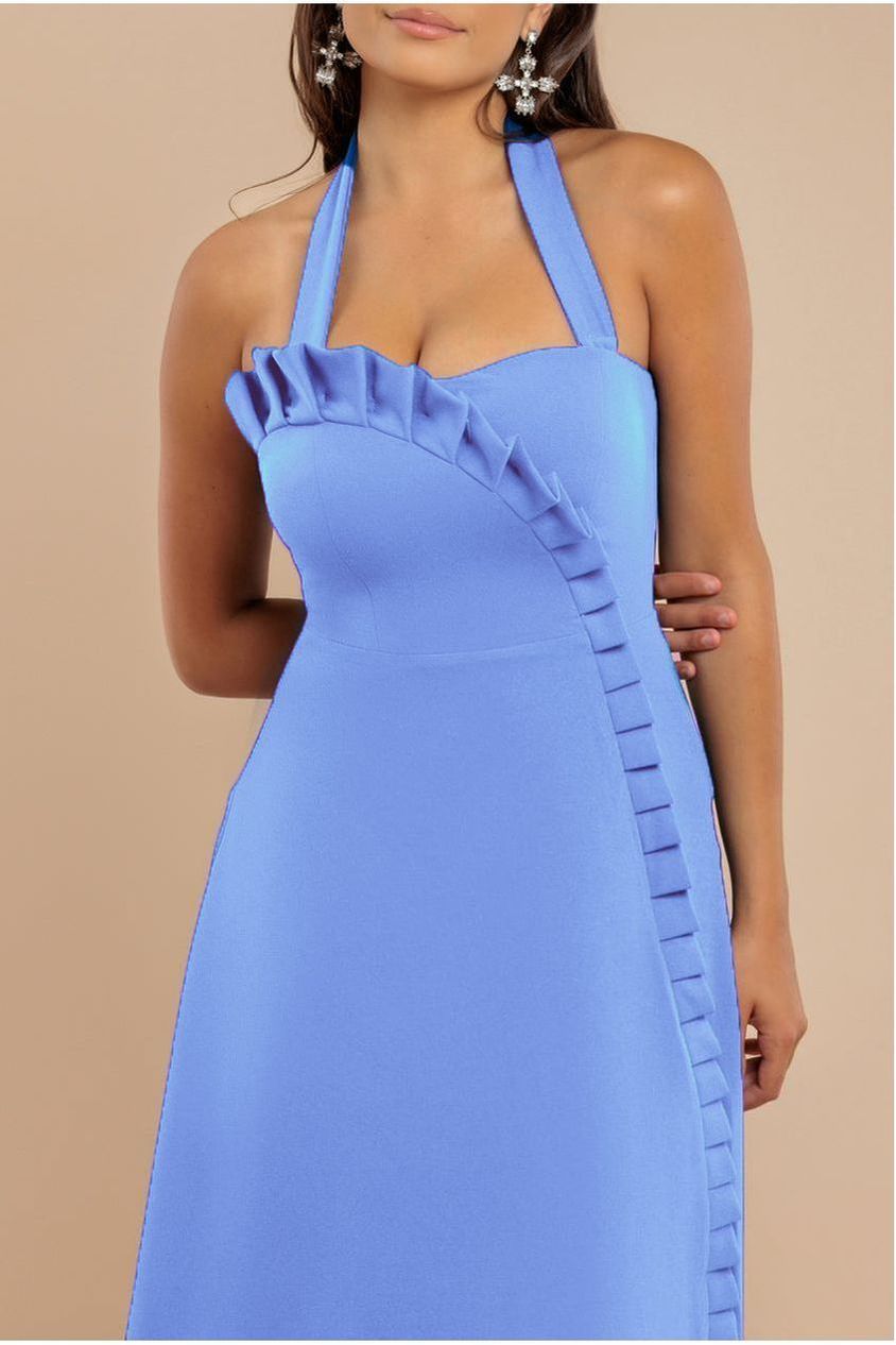 Frilled Halter Neck Strap Midi Dress - Cornflower Blue by Goddiva