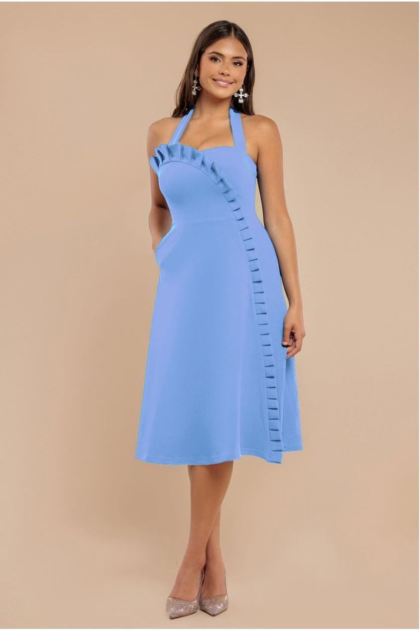 Frilled Halter Neck Strap Midi Dress - Cornflower Blue by Goddiva