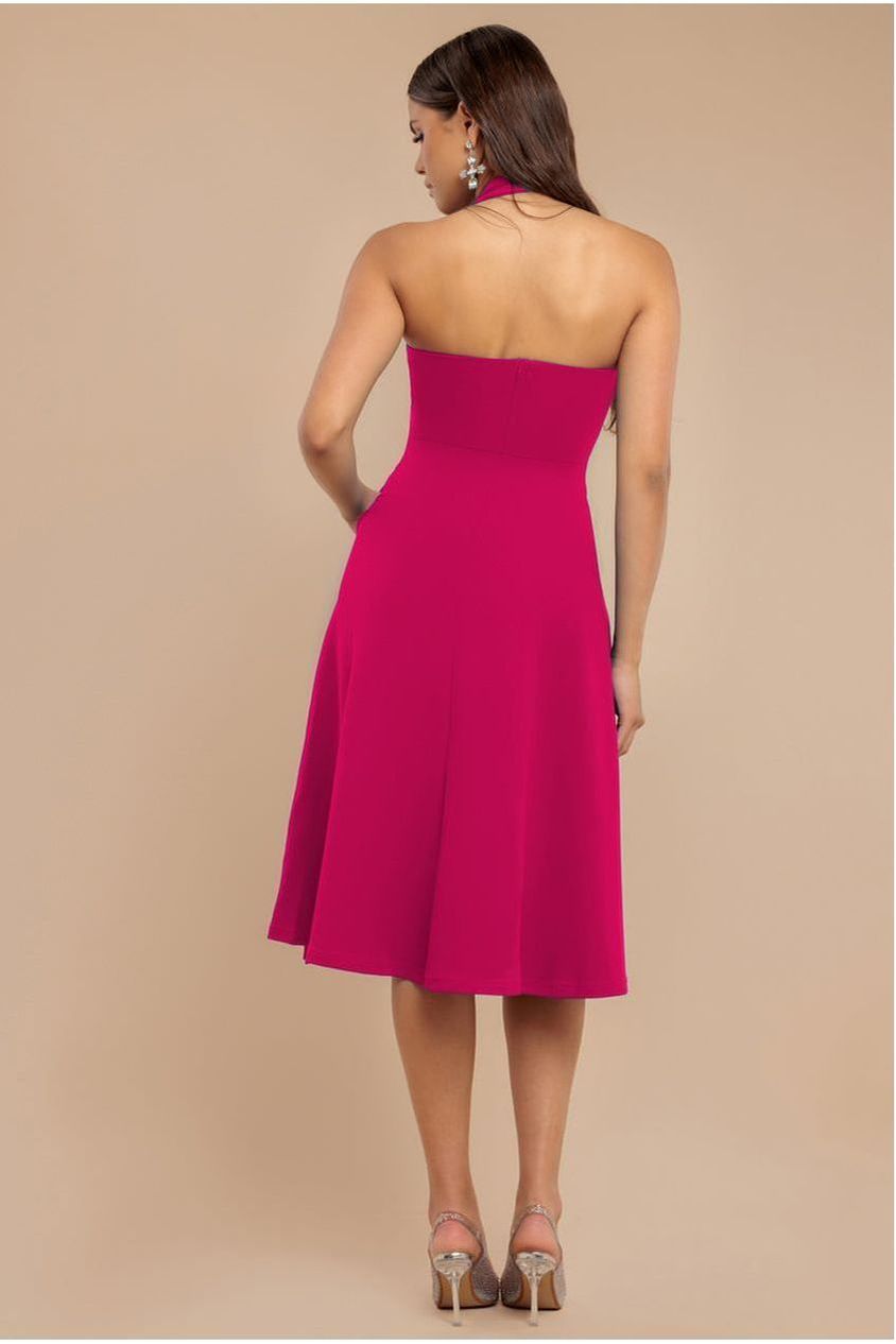 Frilled Halter Neck Strap Midi Dress - Magenta by Goddiva