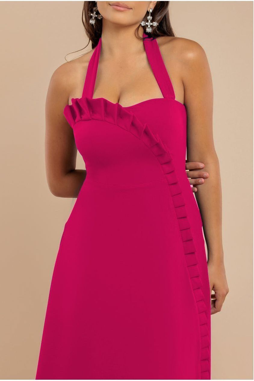 Frilled Halter Neck Strap Midi Dress - Magenta by Goddiva