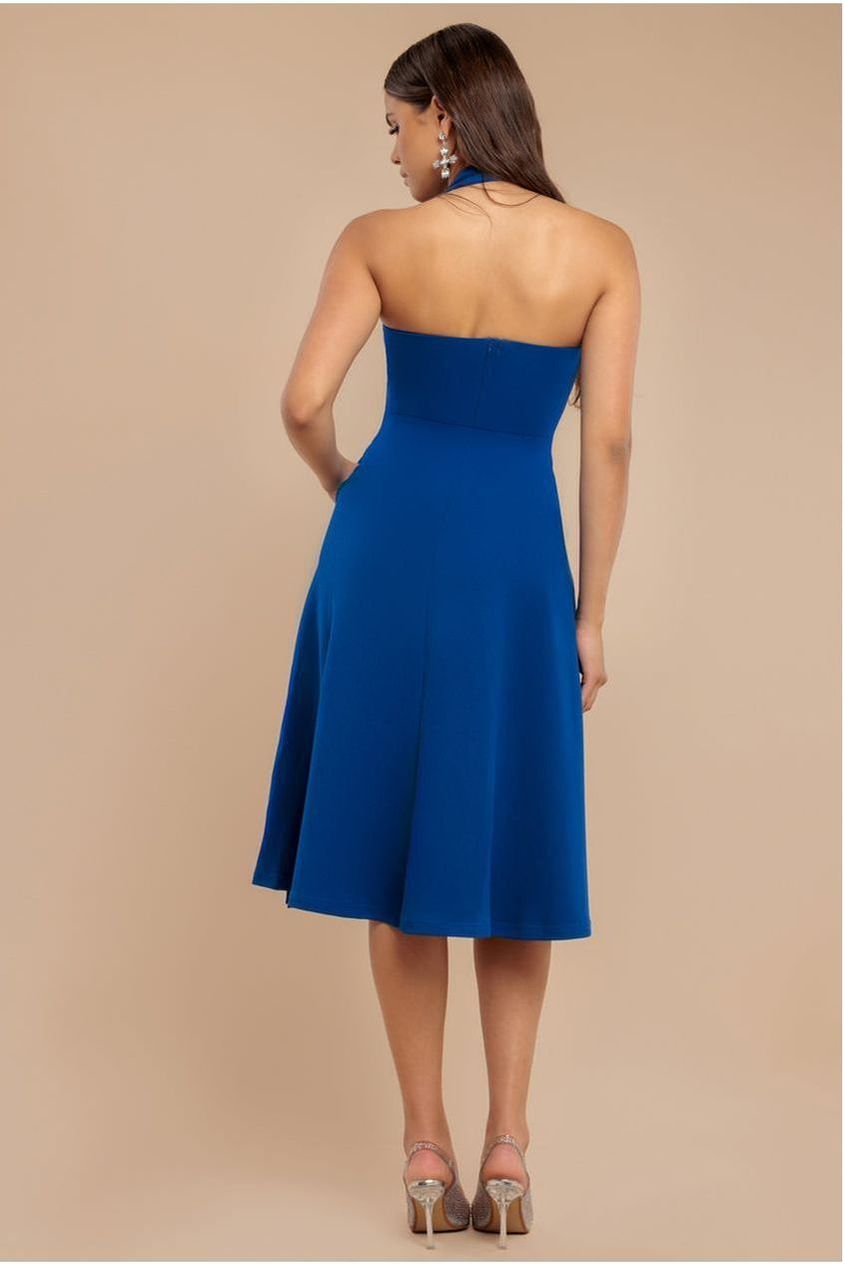 Frilled Halter Neck Strap Midi Dress - Royal Blue by Goddiva