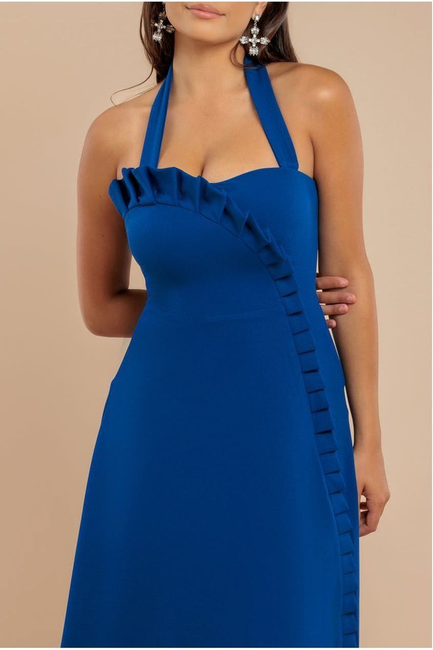 Frilled Halter Neck Strap Midi Dress - Royal Blue by Goddiva