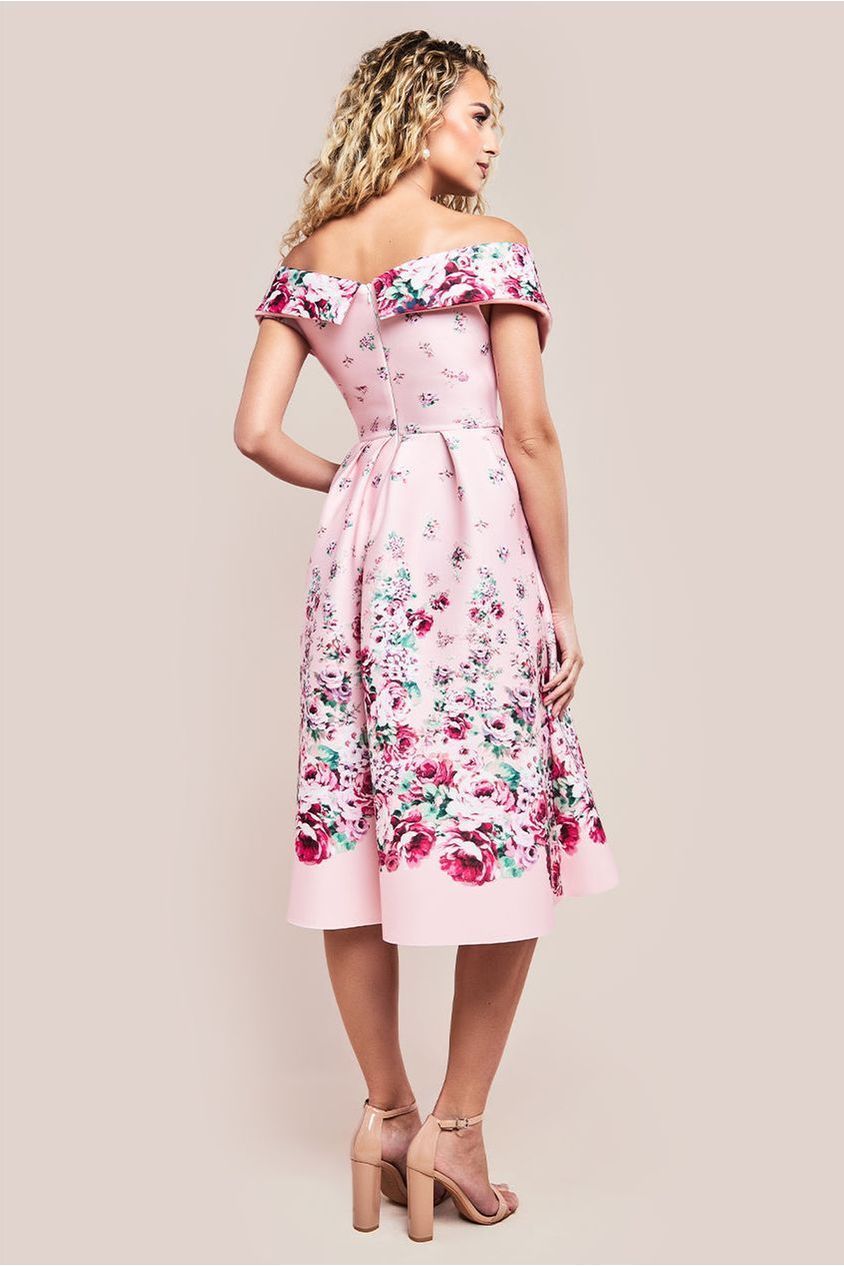 Bardot Floral Print A-Line Scuba Foam Midi Dress - Blush by Goddiva