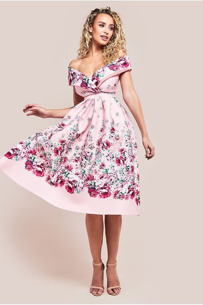 Bardot Floral Print A-Line Scuba Foam Midi Dress - Blush by Goddiva