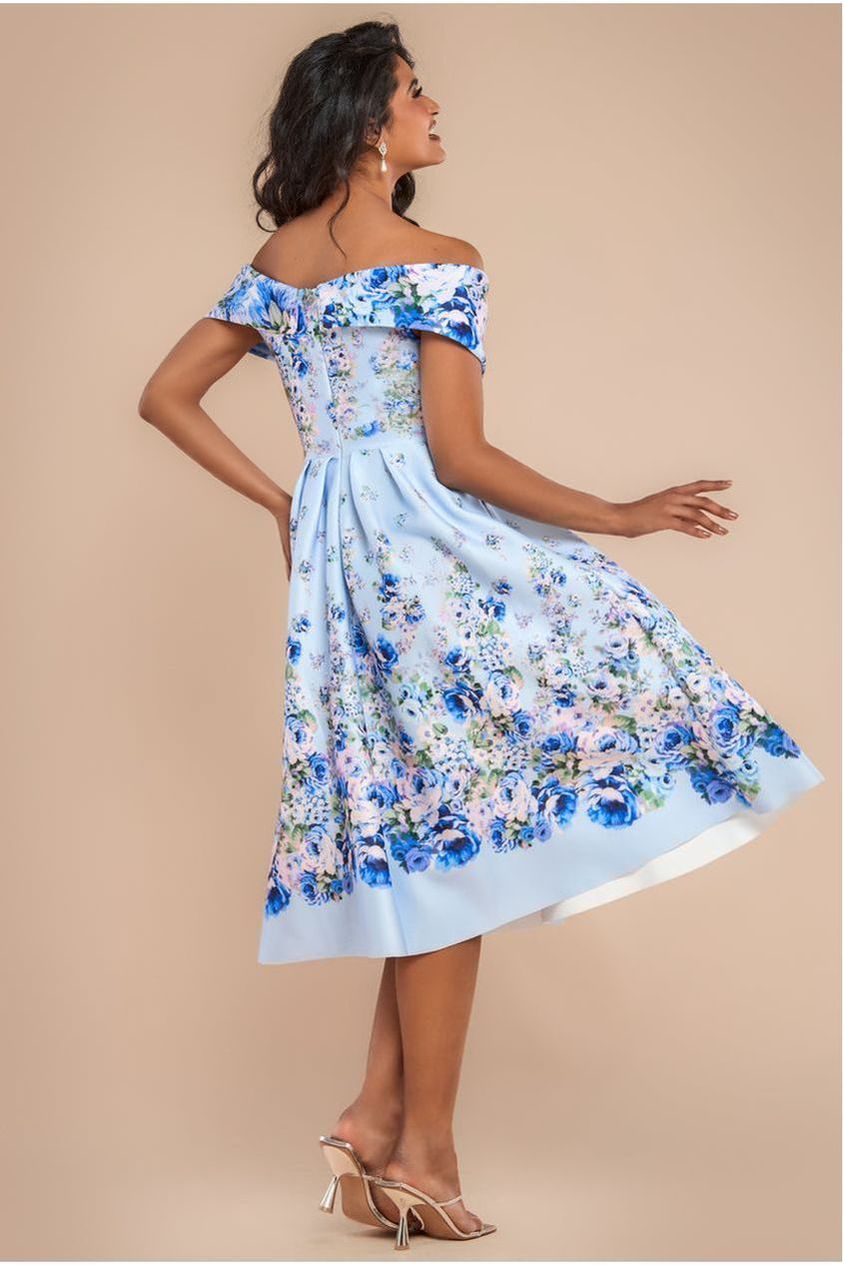Bardot Floral Print A-Line Scuba Foam Midi Dress - Blue by Goddiva