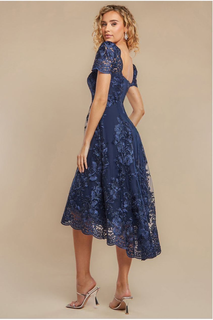 Scalloped Neck Embroidered Lace High Low Midi Dress - Navy Blue by Goddiva