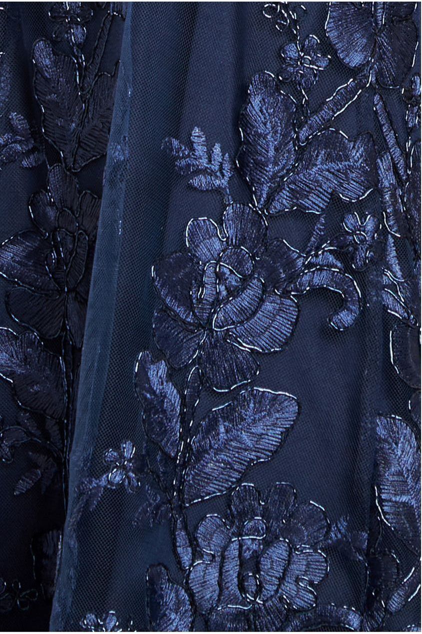 Scalloped Neck Embroidered Lace High Low Midi Dress - Navy Blue by Goddiva