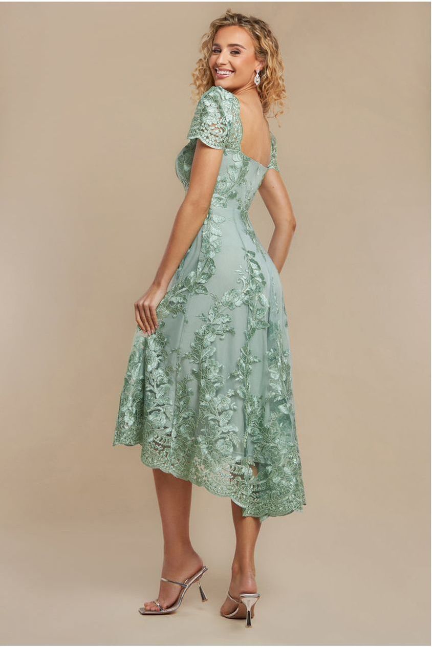 Scalloped Neck Embroidered Lace High Low Midi Dress - Sage Green by Goddiva