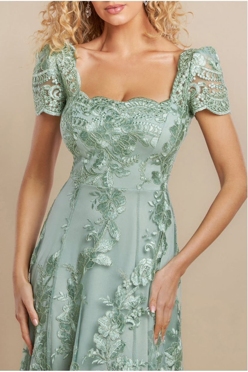 Scalloped Neck Embroidered Lace High Low Midi Dress - Sage Green by Goddiva