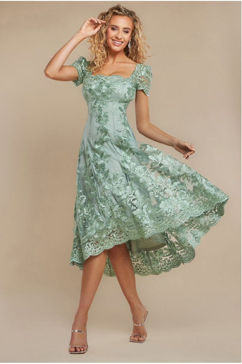 Scalloped Neck Embroidered Lace High Low Midi Dress - Sage Green by Goddiva