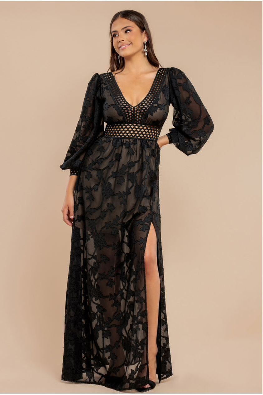 Jacquard Lurex Burnout Front Split Maxi Dress - Black by Goddiva