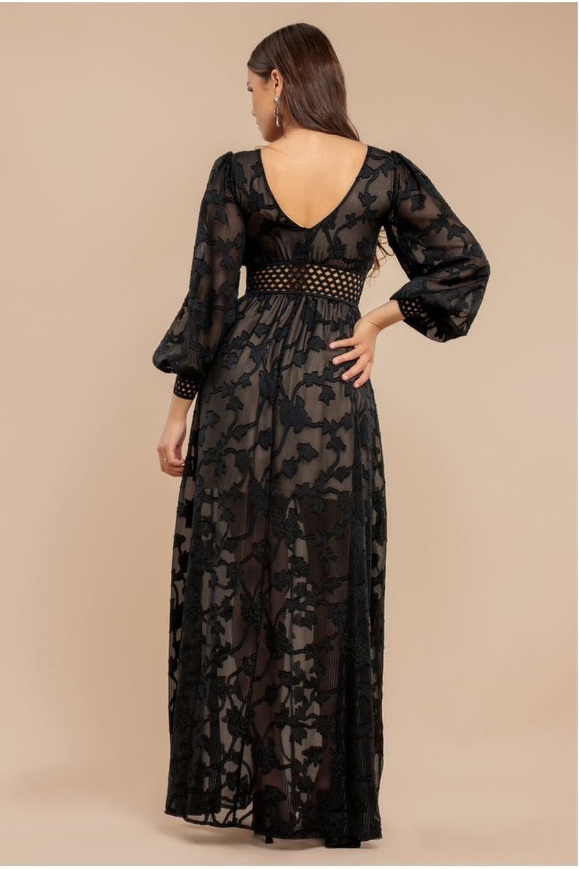 Jacquard Lurex Burnout Front Split Maxi Dress - Black by Goddiva