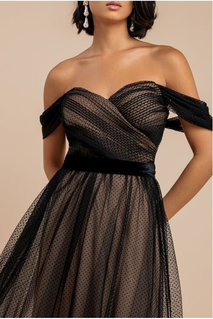 Dobby Mesh Off The Shoulder Princess Maxi Dress - Black by Goddiva