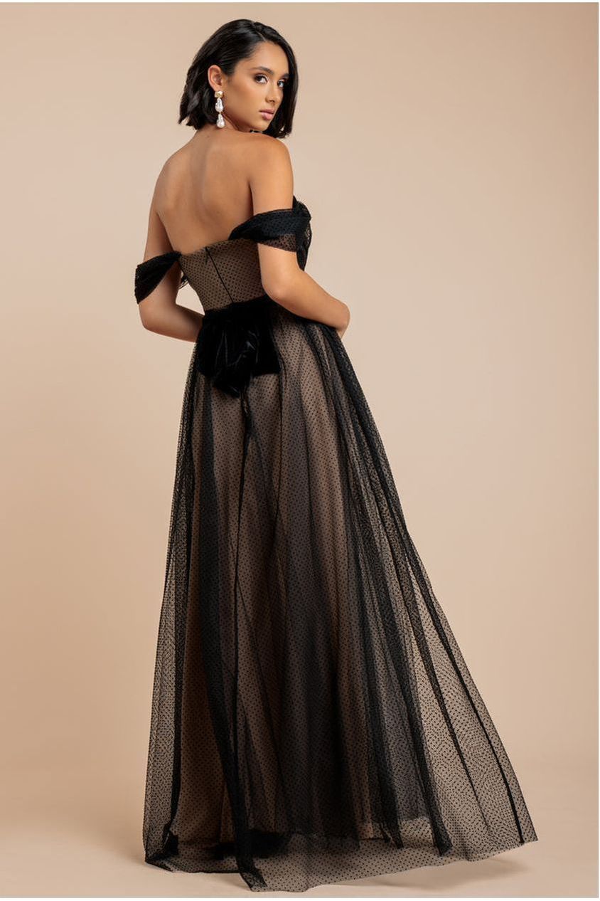 Dobby Mesh Off The Shoulder Princess Maxi Dress - Black by Goddiva