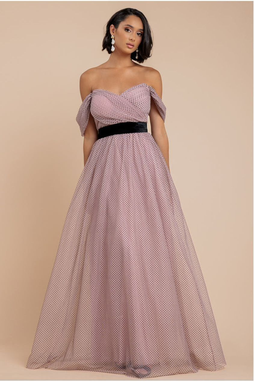 Dobby Mesh Off The Shoulder Princess Maxi Dress - Blush by Goddiva