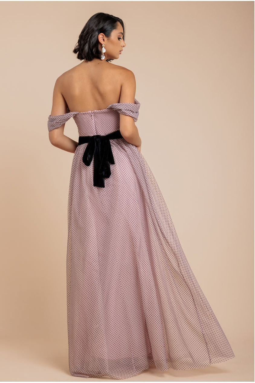 Dobby Mesh Off The Shoulder Princess Maxi Dress - Blush by Goddiva