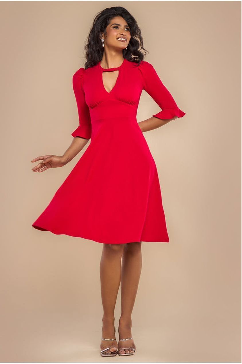 Flared Sleeve Midi Dress - Red by Goddiva