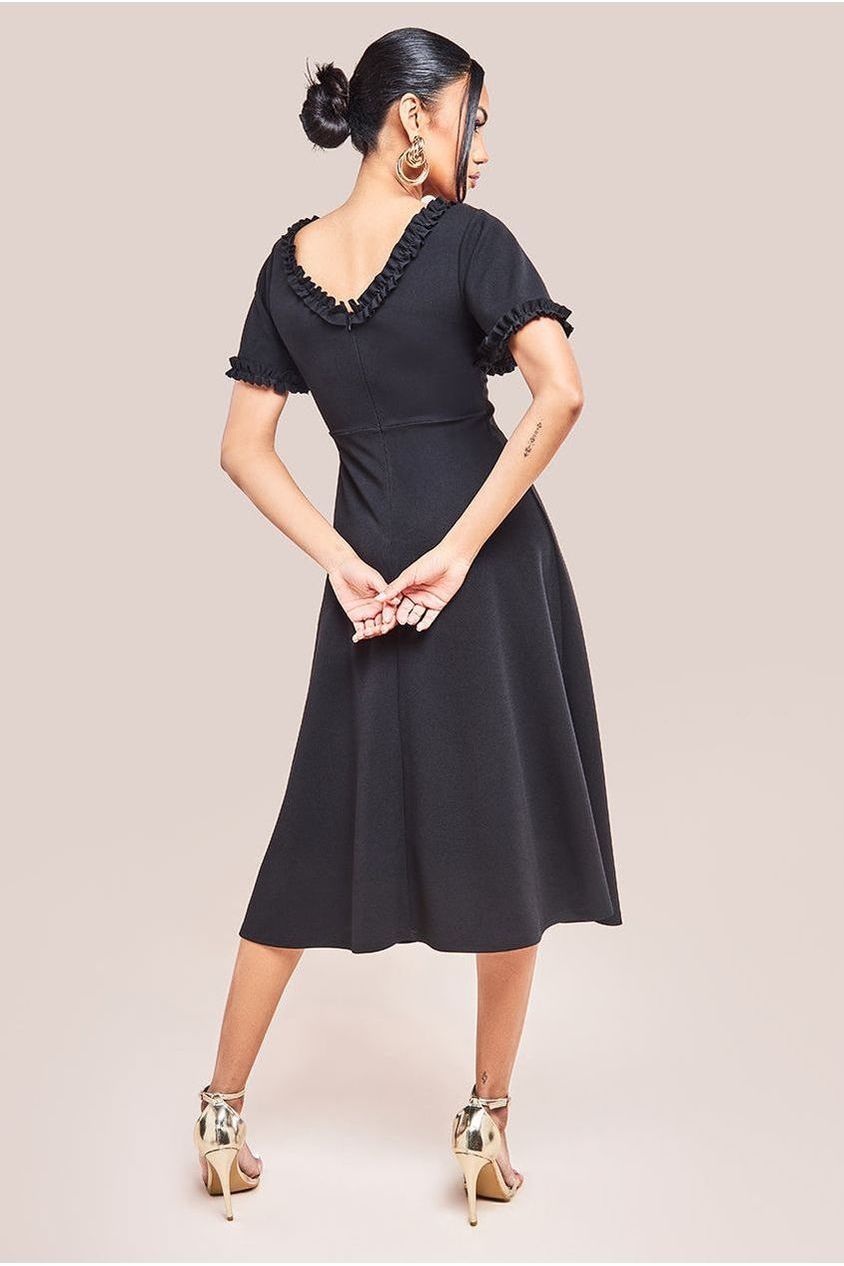 Flare Sleeve Frill Edge Midi Dress - Black by Goddiva