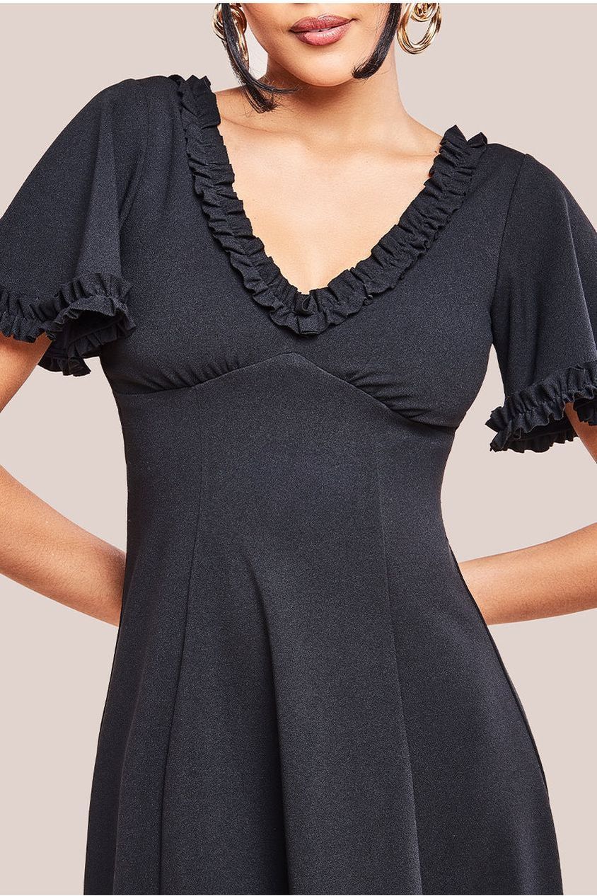 Flare Sleeve Frill Edge Midi Dress - Black by Goddiva