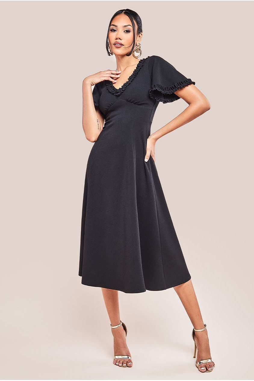 Flare Sleeve Frill Edge Midi Dress - Black by Goddiva