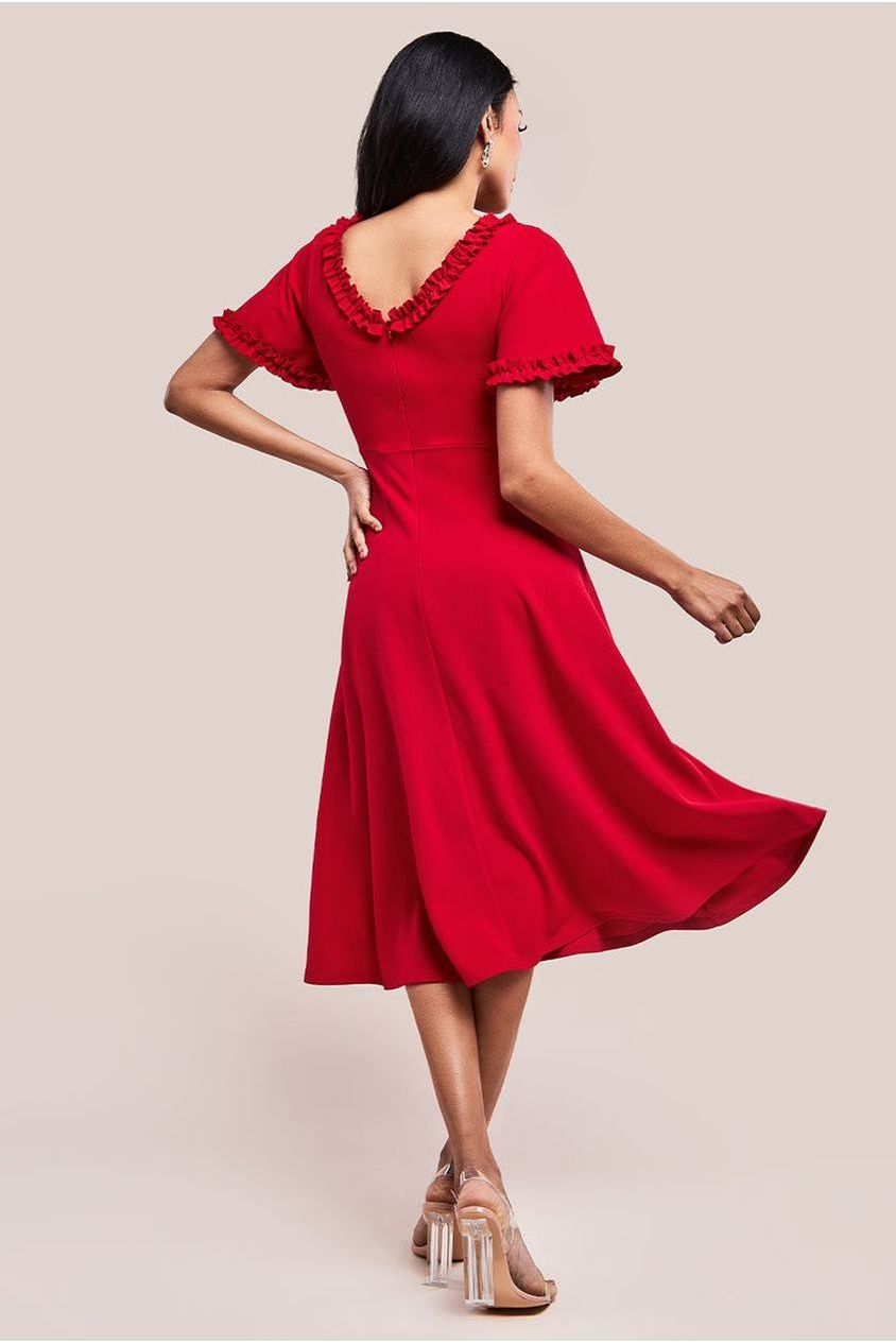 Flare Sleeve Frill Edge Midi Dress - Red by Goddiva