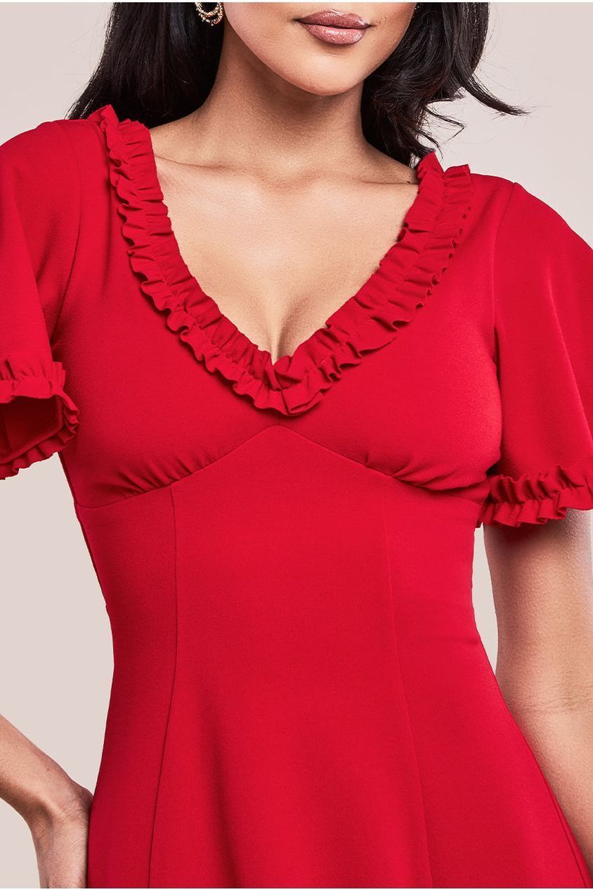 Flare Sleeve Frill Edge Midi Dress - Red by Goddiva