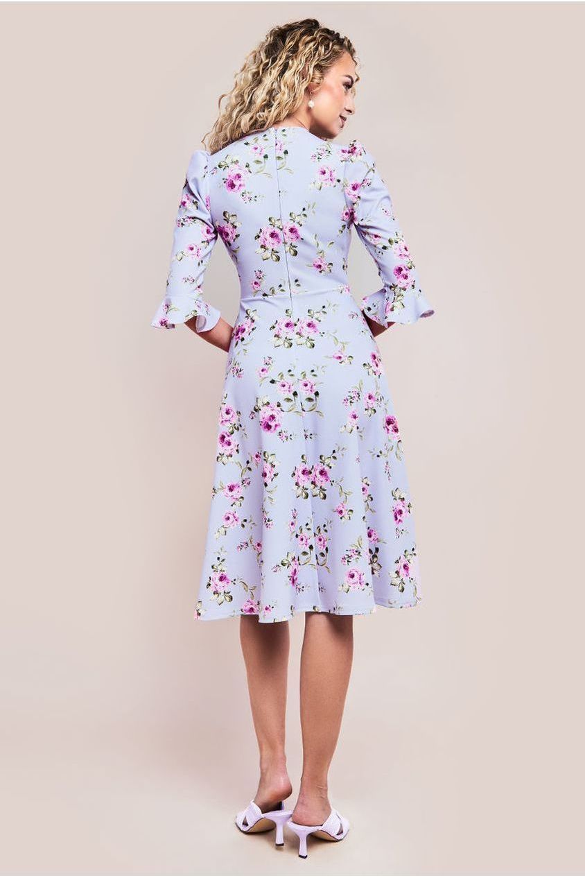 Floral Printed Flared Sleeve Midi - Lilac by Goddiva