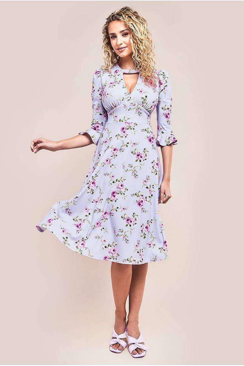 Floral Printed Flared Sleeve Midi - Lilac by Goddiva