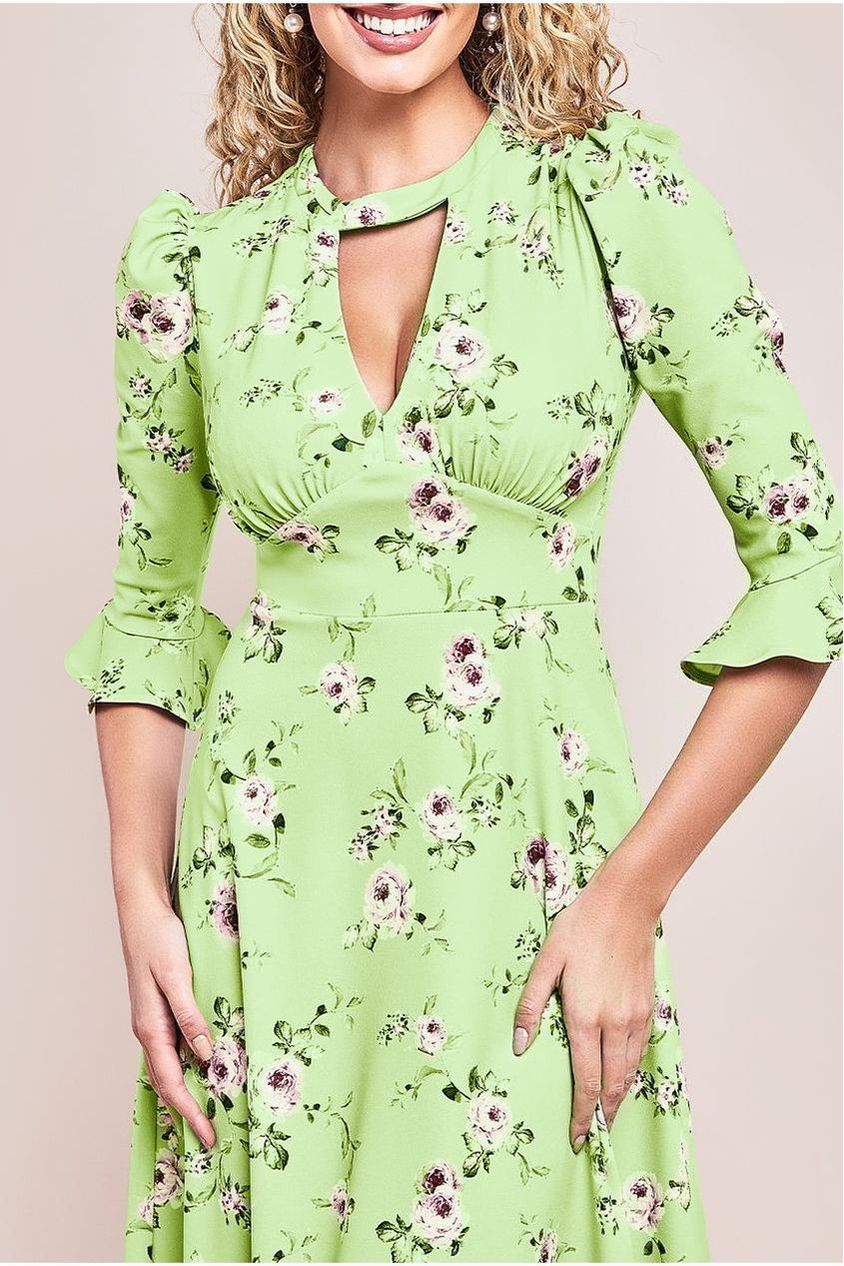 Floral Printed Flared Sleeve Midi - Sage Green by Goddiva